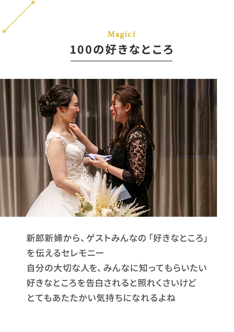 Magic1 100の好きなところ 新郎新婦から、ゲストみんなの「好きなところ」を伝えるセレモニー ⾃分の⼤切な⼈を、みんなに知ってもらいたい
					好きなところを告⽩されると照れくさいけどとてもあたたかい気持ちになれるよね