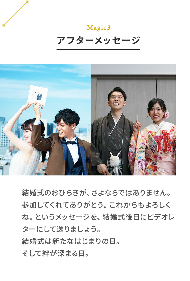 Magic3 アフターメッセージ 結婚式のおひらきが、さよならではありません。参加してくれてありがとう。これからもよろしくね。というメッセージを、結婚式後⽇にビデオレターにして送りましょう。	結婚式は新たなはじまりの⽇。そして絆が深まる⽇。