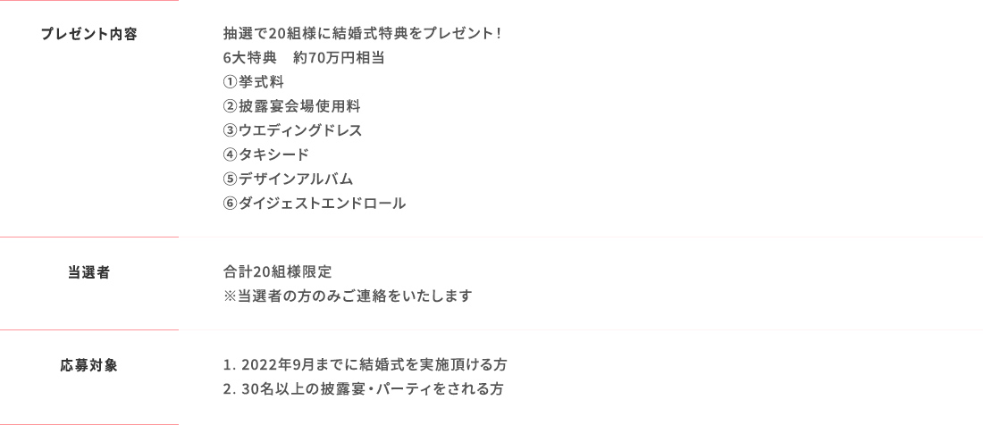 プレゼント内容 抽選で20組様に結婚式特典をプレゼント！ 6大特典 約70万円相当 ①挙式料 ②披露宴会場使用料 ③ウェディングドレス ④タキシード ⑤デザインアルバム ⑥ダイジェストエンドロール 当選者 合計20組様限定 ※当選者の方のみご連絡いたします 応募対象 1.2022年9月までに結婚式を実施頂ける方 2.30名以上の披露宴・パーティをされる方